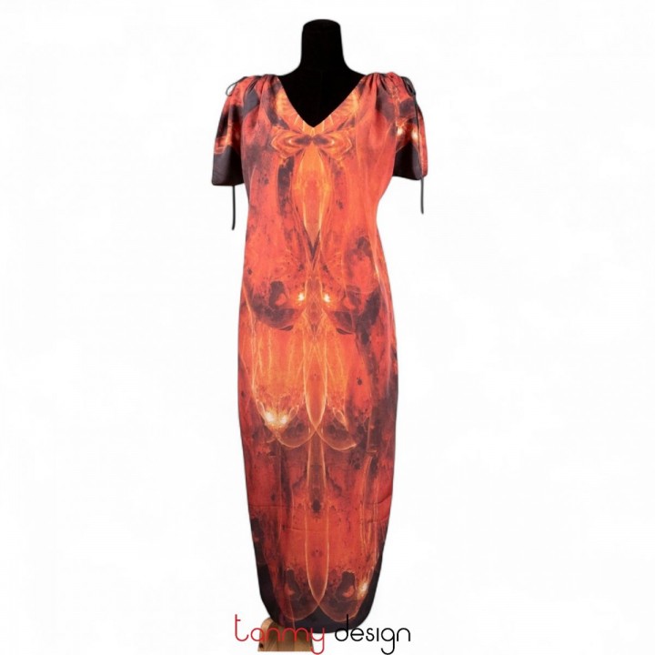 Red silk dress with drawstring shoulder T4 